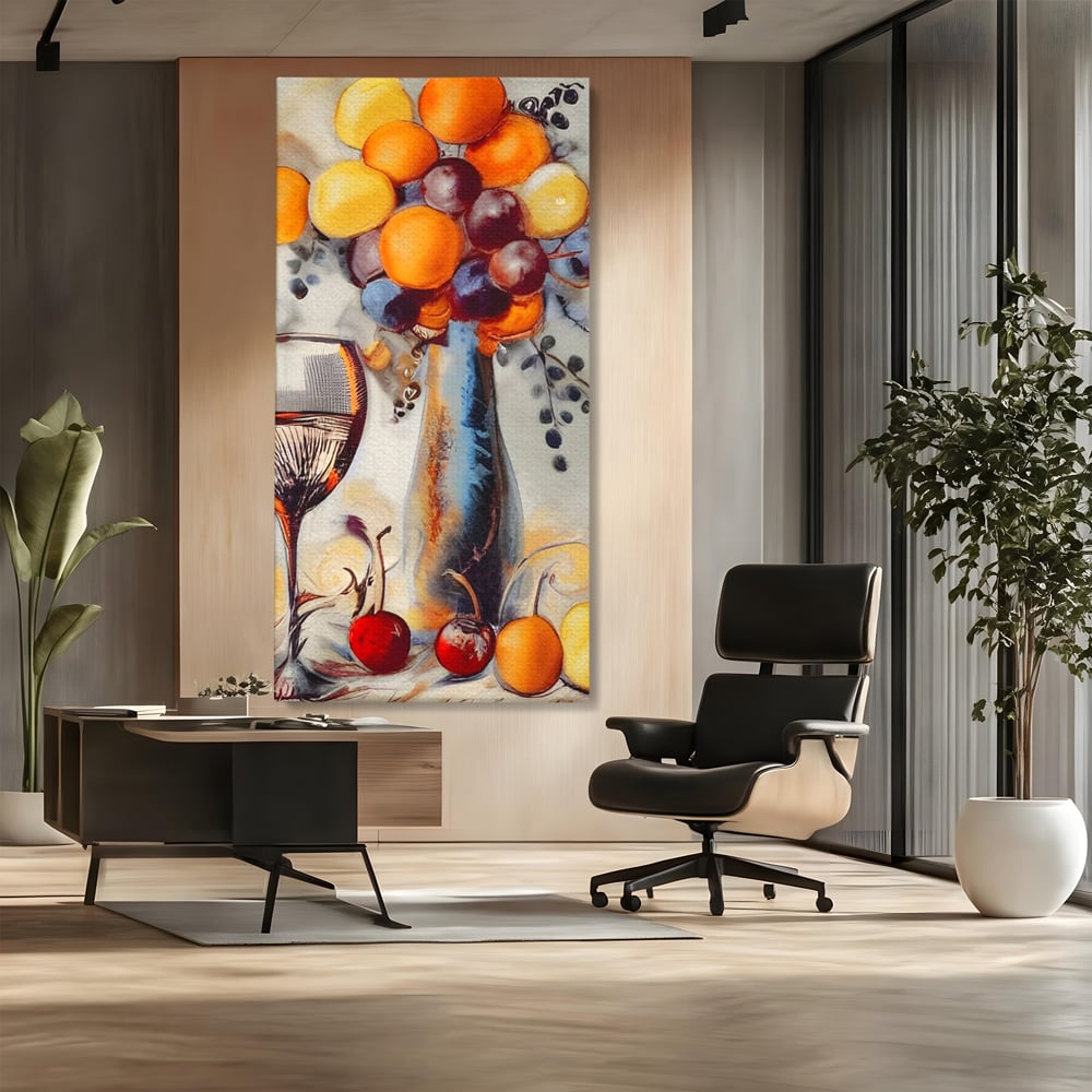 Tablou canvas cu tablou cu sticla, pahar de vin si fructe, fara rama, pe sasiu de lemn, pe perete intr-un birou